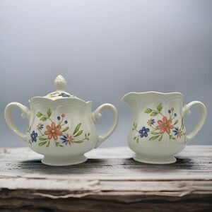 Vintage Ironstone Country French Blue Red Floral on White Creamer Sugar Set